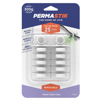 Adhesive Cable Clips | Removeable - S | 300g Hold - Permastik - Hooks - Cable Organisation - White / 25 Pack - Perma Products Shop